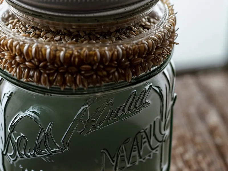 Frasco de grano con contaminación de moho verde junto a micelio blanco