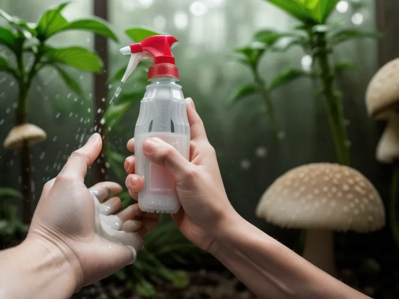 Pulverizador de precompresión de 2 litros lanzando una niebla fina de agua.