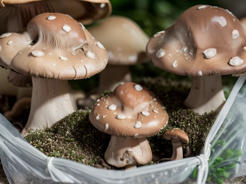 Detalle de contaminación por moho verde Trichoderma en una bolsa de cultivo de hongos