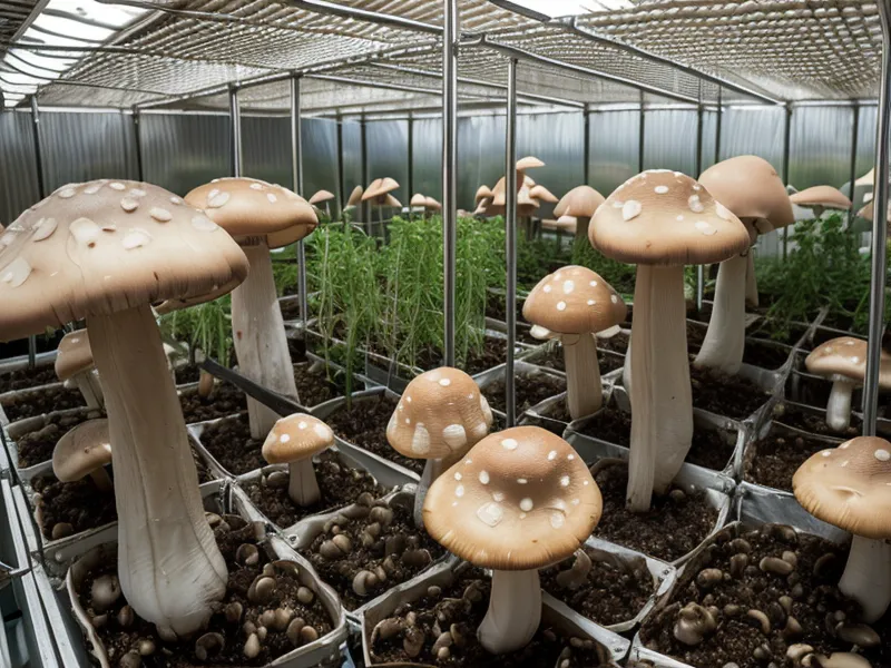 Guante de nitrilo junto a placa Petri con contaminación verde de Trichoderma en cultivo de setas