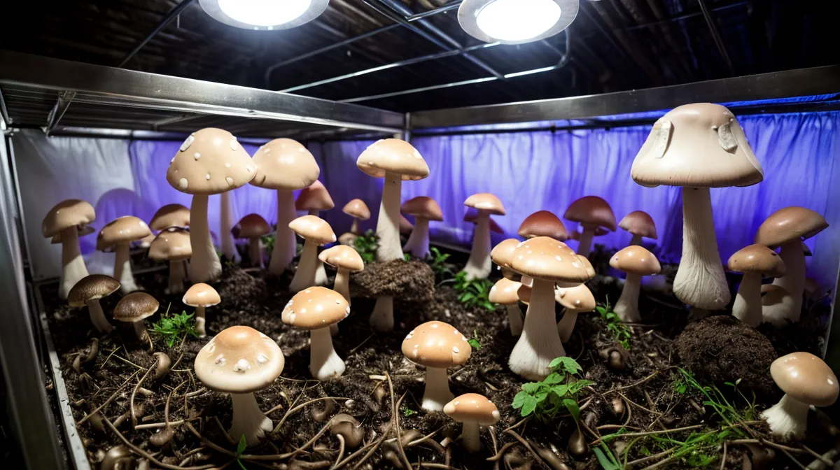 Lámpara UV-C germicida iluminando un cuarto de cultivo de hongos durante la desinfección del laboratorio