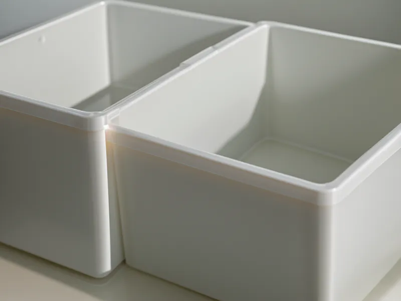 Cajas plásticas amarillentas y agrietadas, un riesgo para la prevención de contaminación, por exposición repetida a luz UV-C