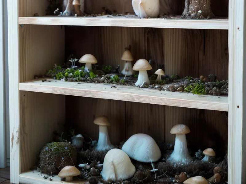 Detalle de estante de madera dañado por la humedad en un cultivo de hongos.