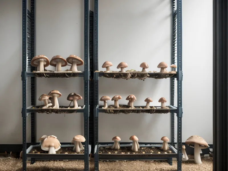 Organización vertical de bolsas de orellanas en un cuarto de cultivo pequeño.