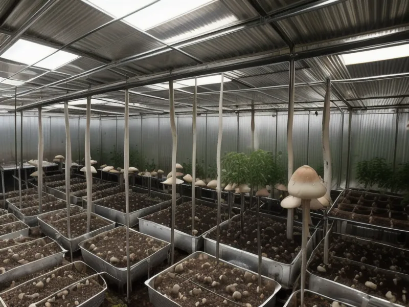 Organizadores para viales y jeringas de producción de micelio de setas: gradillas rígidas ordenadas por cepa en un laboratorio casero de cultivo de setas.