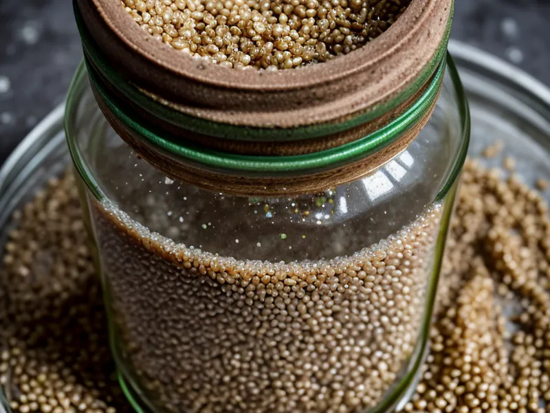 Frasco de grano contaminado con Bacillus mostrando una textura pastosa y pegajosa.