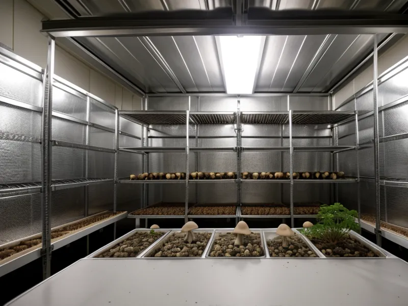 Neblina densa de humidificador cubriendo las bolsas de cultivo de girgolas en un cuarto de fructificación