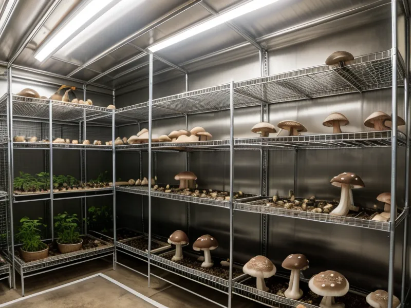 Destilador eléctrico de agua funcionando en un laboratorio casero de cultivo de hongos y micelio